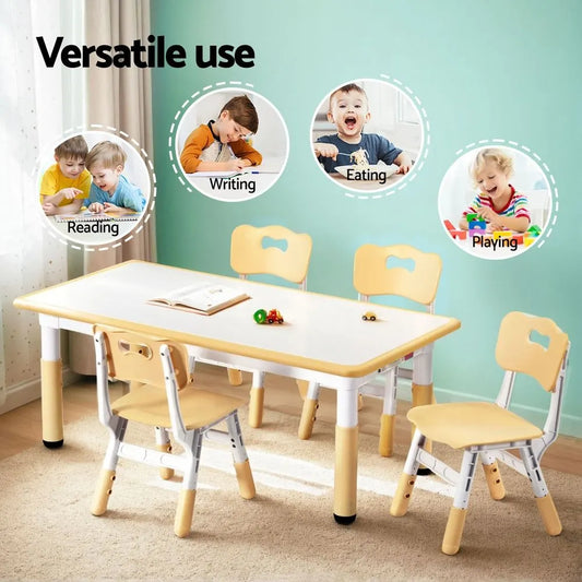 Keezi Kids Table and 4 Chairs Set Height Adjustable Toddler Desk and Chair Set for Ages 3-8, Children Activity Table with Graffiti Desktop for Learning Drawing Playing, Yellow - Image 4