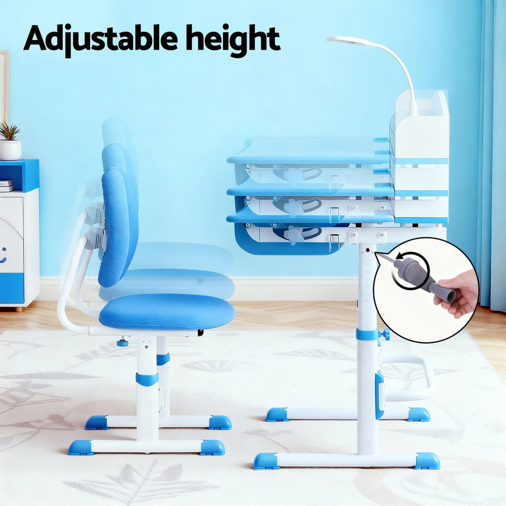 Keezi Kids Study Desk Chair Set Adjustable Ergonomic Table LED Lamp Blue - Image 4