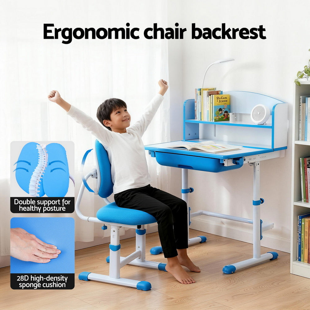 Keezi Kids Study Desk Chair Set Adjustable Ergonomic Table LED Lamp Blue - Image 6
