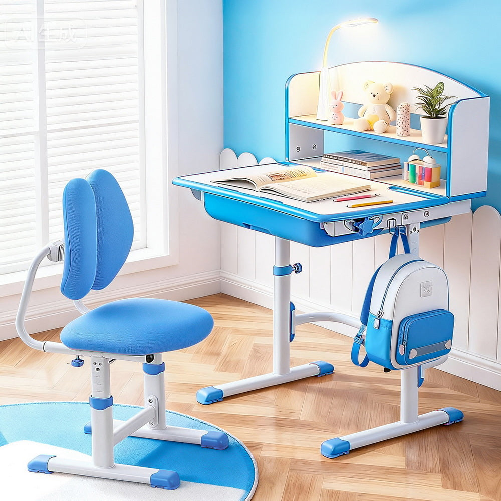 Keezi Kids Study Desk Chair Set Adjustable Ergonomic Table LED Lamp Blue - Image 7