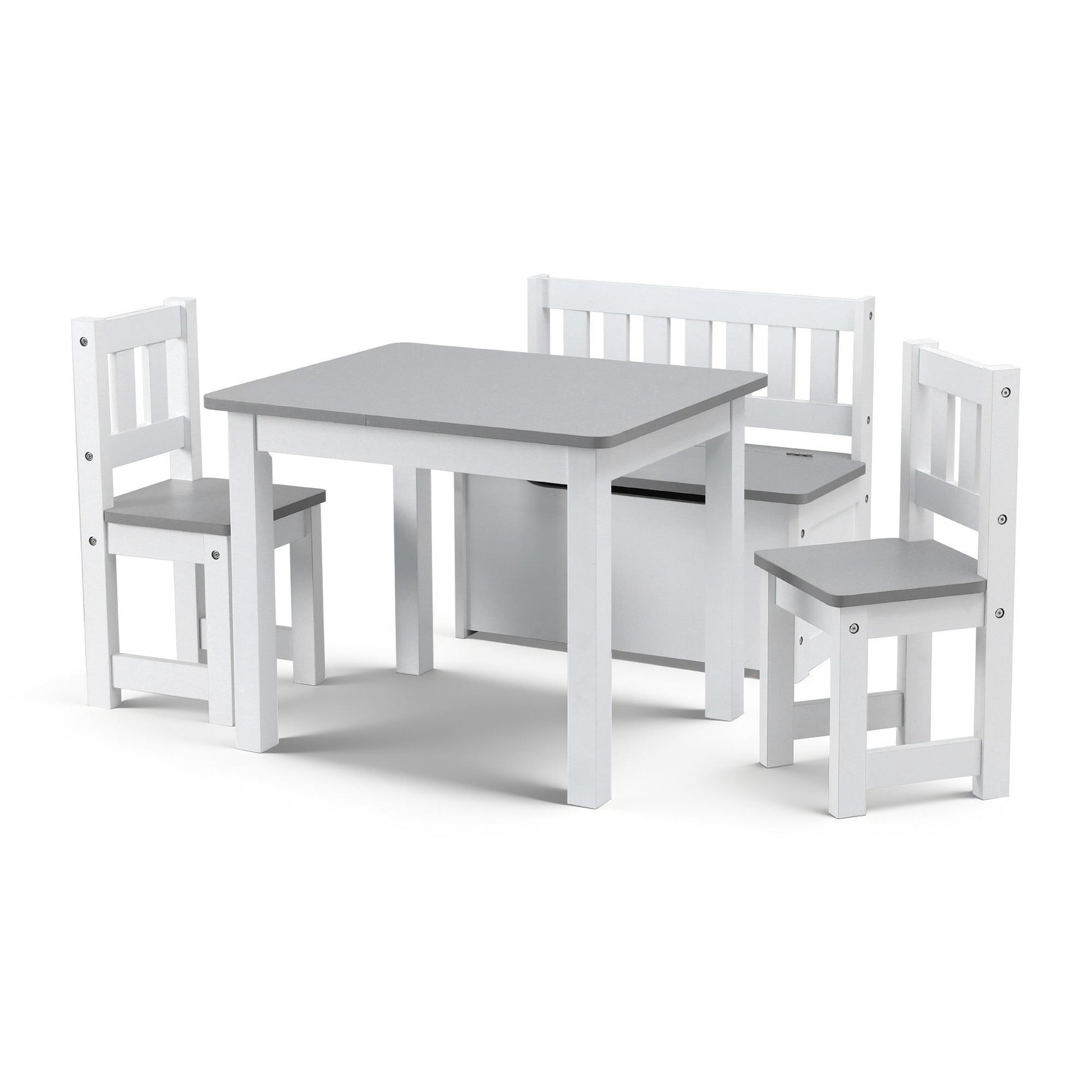 Keezi 2 in 1 Kids Table and Chair Set, Activity Table with Storage Bench and 2 Chairs for Reading, Drawing, Writing, Snack Time & Arts Crafts, 4 PCS Toddler Table and Chair Set, Grey
