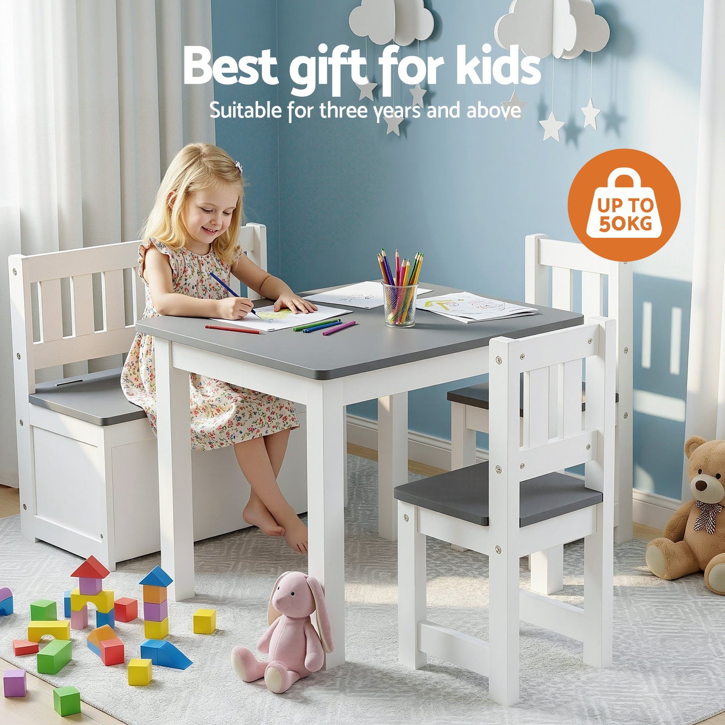 Keezi 2 in 1 Kids Table and Chair Set, Activity Table with Storage Bench and 2 Chairs for Reading, Drawing, Writing, Snack Time & Arts Crafts, 4 PCS Toddler Table and Chair Set, Grey - Image 4