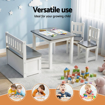 Keezi 2 in 1 Kids Table and Chair Set, Activity Table with Storage Bench and 2 Chairs for Reading, Drawing, Writing, Snack Time & Arts Crafts, 4 PCS Toddler Table and Chair Set, Grey - Image 5