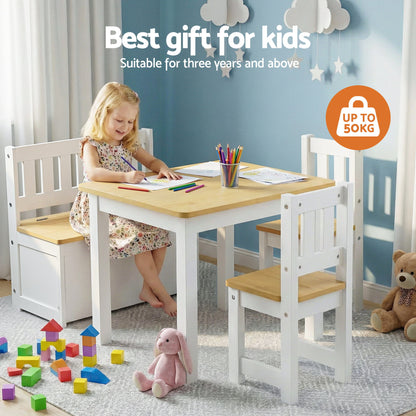 Keezi 2 in 1 Kids Table and Chair Set, Activity Table with Storage Bench and 2 Chairs for Reading, Drawing, Writing, Snack Time & Arts Crafts, 4 PCS Toddler Table and Chair Set, Natural - Image 4