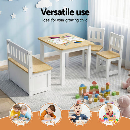 Keezi 2 in 1 Kids Table and Chair Set, Activity Table with Storage Bench and 2 Chairs for Reading, Drawing, Writing, Snack Time & Arts Crafts, 4 PCS Toddler Table and Chair Set, Natural - Image 5