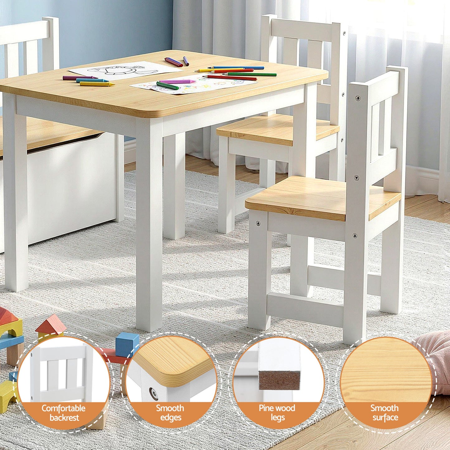 Keezi 2 in 1 Kids Table and Chair Set, Activity Table with Storage Bench and 2 Chairs for Reading, Drawing, Writing, Snack Time & Arts Crafts, 4 PCS Toddler Table and Chair Set, Natural - Image 7