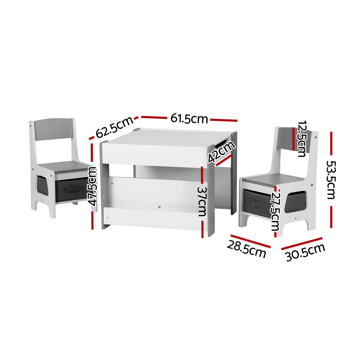 Keezi Kids Table and Chair Set, 4 in 1 Wooden Activity Table with Bookcase, Storage Box and Detachable Blackboard, Toddler Table and 2 Chairs Set, Grey - Image 2