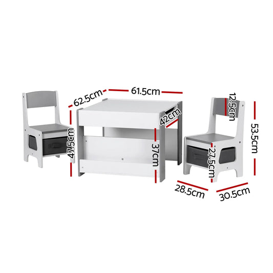 Keezi Kids Table and Chair Set, 4 in 1 Wooden Activity Table with Bookcase, Storage Box and Detachable Blackboard, Toddler Table and 2 Chairs Set, Grey - Image 2