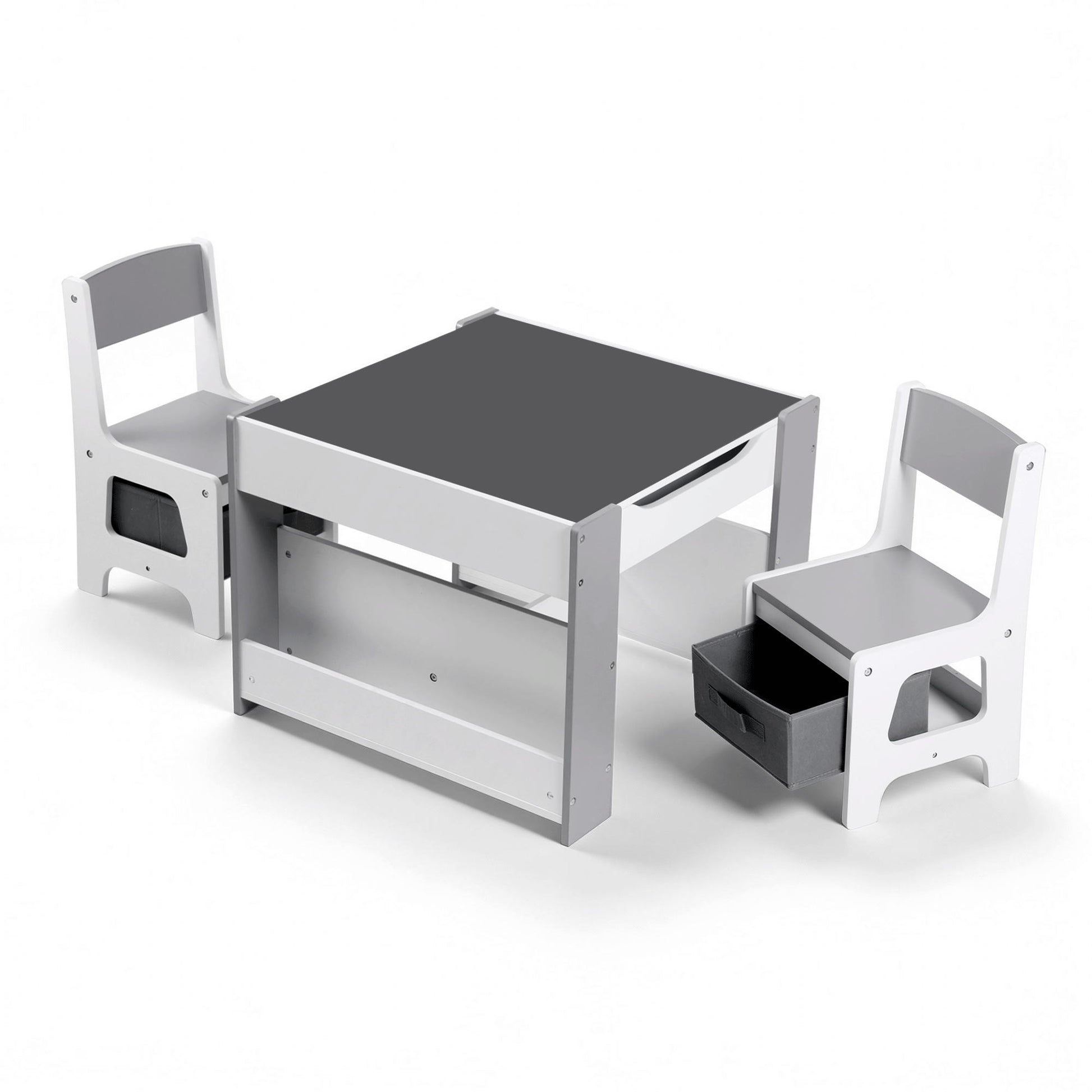 Keezi Kids Table and Chair Set, 4 in 1 Wooden Activity Table with Bookcase, Storage Box and Detachable Blackboard, Toddler Table and 2 Chairs Set, Grey - Image 3