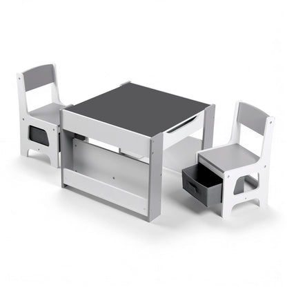 Keezi Kids Table and Chair Set, 4 in 1 Wooden Activity Table with Bookcase, Storage Box and Detachable Blackboard, Toddler Table and 2 Chairs Set, Grey - Image 3