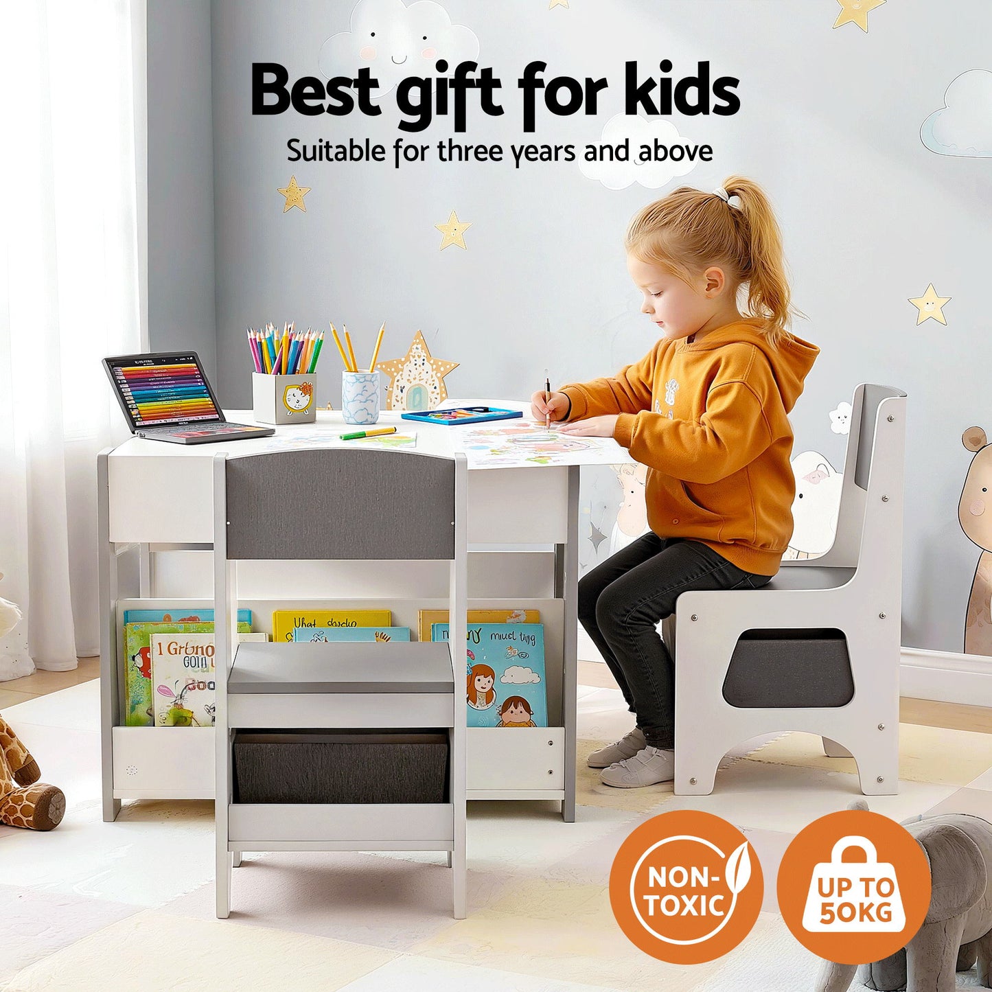 Keezi Kids Table and Chair Set, 4 in 1 Wooden Activity Table with Bookcase, Storage Box and Detachable Blackboard, Toddler Table and 2 Chairs Set, Grey - Image 4