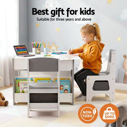 Keezi Kids Table and Chair Set, 4 in 1 Wooden Activity Table with Bookcase, Storage Box and Detachable Blackboard, Toddler Table and 2 Chairs Set, Grey - Image 4