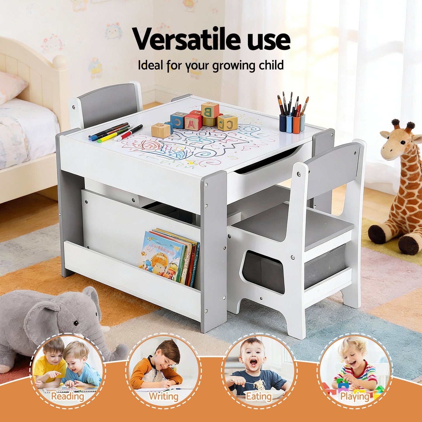 Keezi Kids Table and Chair Set, 4 in 1 Wooden Activity Table with Bookcase, Storage Box and Detachable Blackboard, Toddler Table and 2 Chairs Set, Grey - Image 5