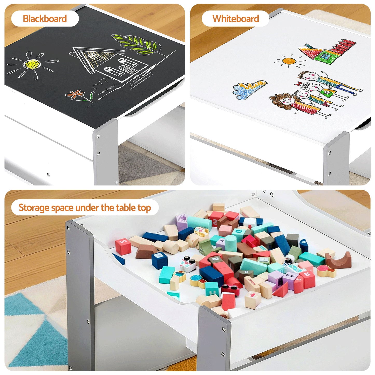 Keezi Kids Table and Chair Set, 4 in 1 Wooden Activity Table with Bookcase, Storage Box and Detachable Blackboard, Toddler Table and 2 Chairs Set, Grey - Image 6