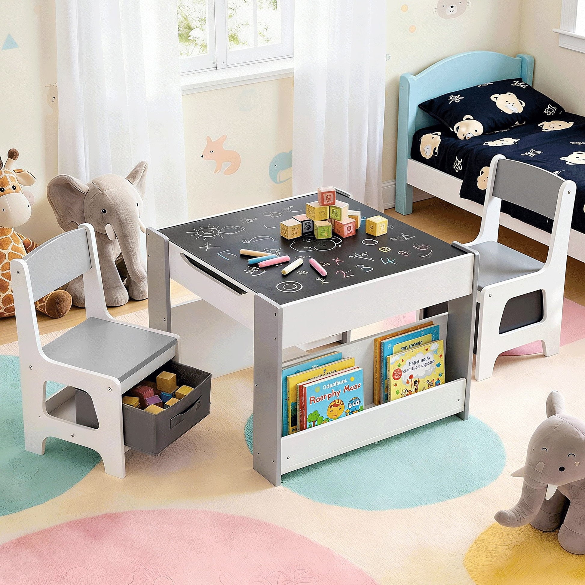 Keezi Kids Table and Chair Set, 4 in 1 Wooden Activity Table with Bookcase, Storage Box and Detachable Blackboard, Toddler Table and 2 Chairs Set, Grey - Image 8