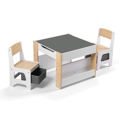 Keezi Kids Table and Chair Set, 4 in 1 Wooden Activity Table with Bookcase, Storage Box and Detachable Blackboard, Toddler Table and 2 Chairs Set, Natural