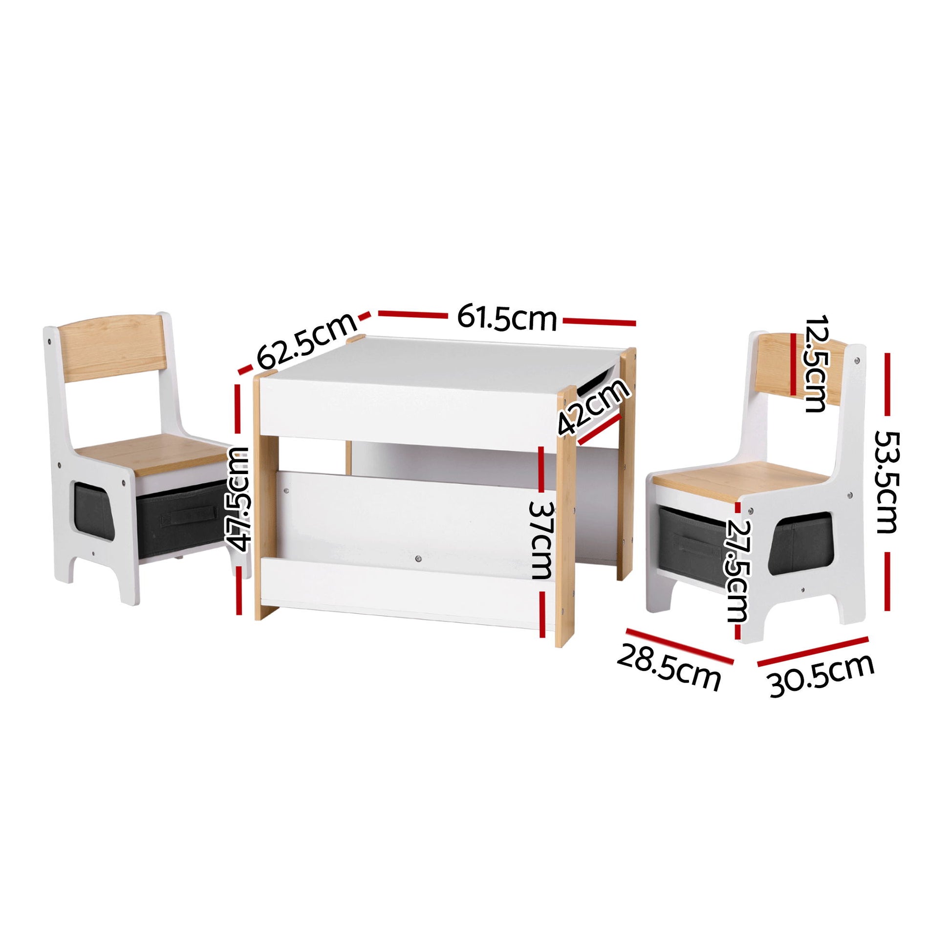 Keezi Kids Table and Chair Set, 4 in 1 Wooden Activity Table with Bookcase, Storage Box and Detachable Blackboard, Toddler Table and 2 Chairs Set, Natural - Image 2