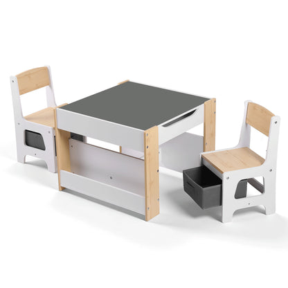 Keezi Kids Table and Chair Set, 4 in 1 Wooden Activity Table with Bookcase, Storage Box and Detachable Blackboard, Toddler Table and 2 Chairs Set, Natural - Image 3