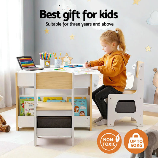 Keezi Kids Table and Chair Set, 4 in 1 Wooden Activity Table with Bookcase, Storage Box and Detachable Blackboard, Toddler Table and 2 Chairs Set, Natural - Image 4