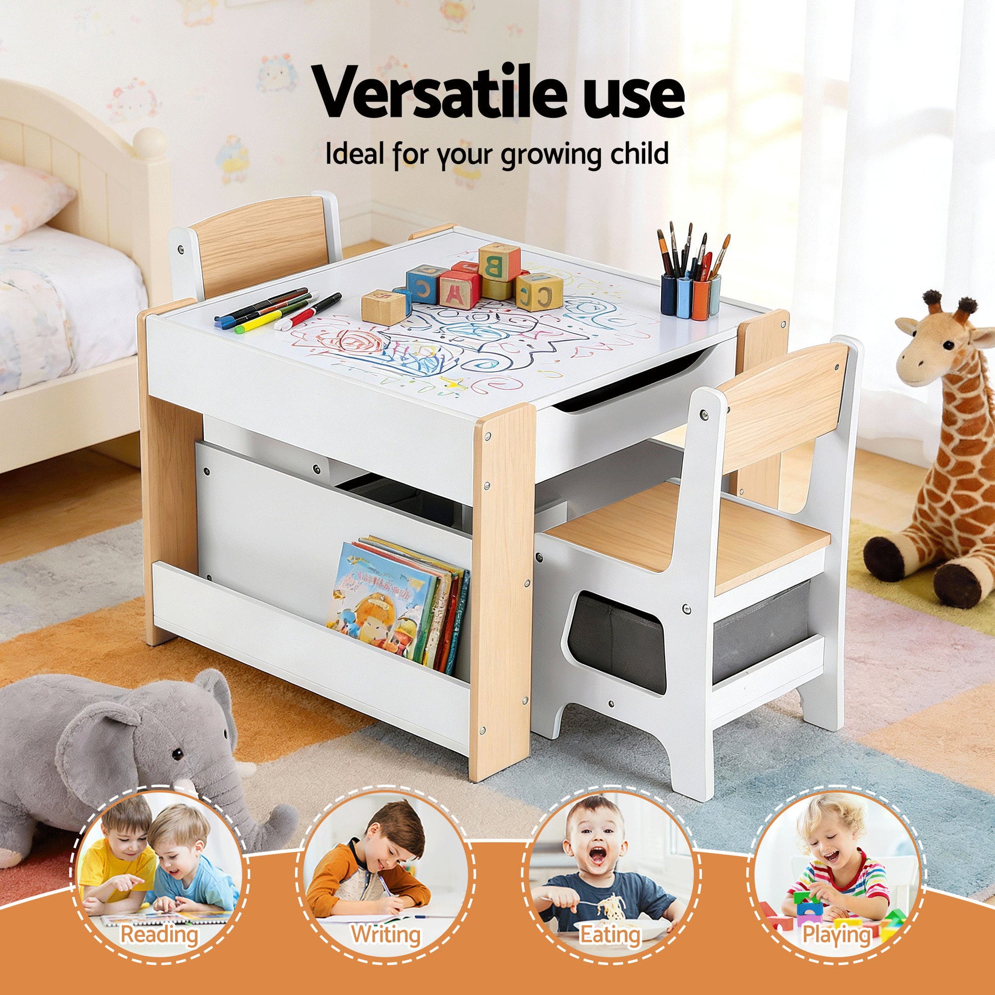 Keezi Kids Table and Chair Set, 4 in 1 Wooden Activity Table with Bookcase, Storage Box and Detachable Blackboard, Toddler Table and 2 Chairs Set, Natural - Image 5