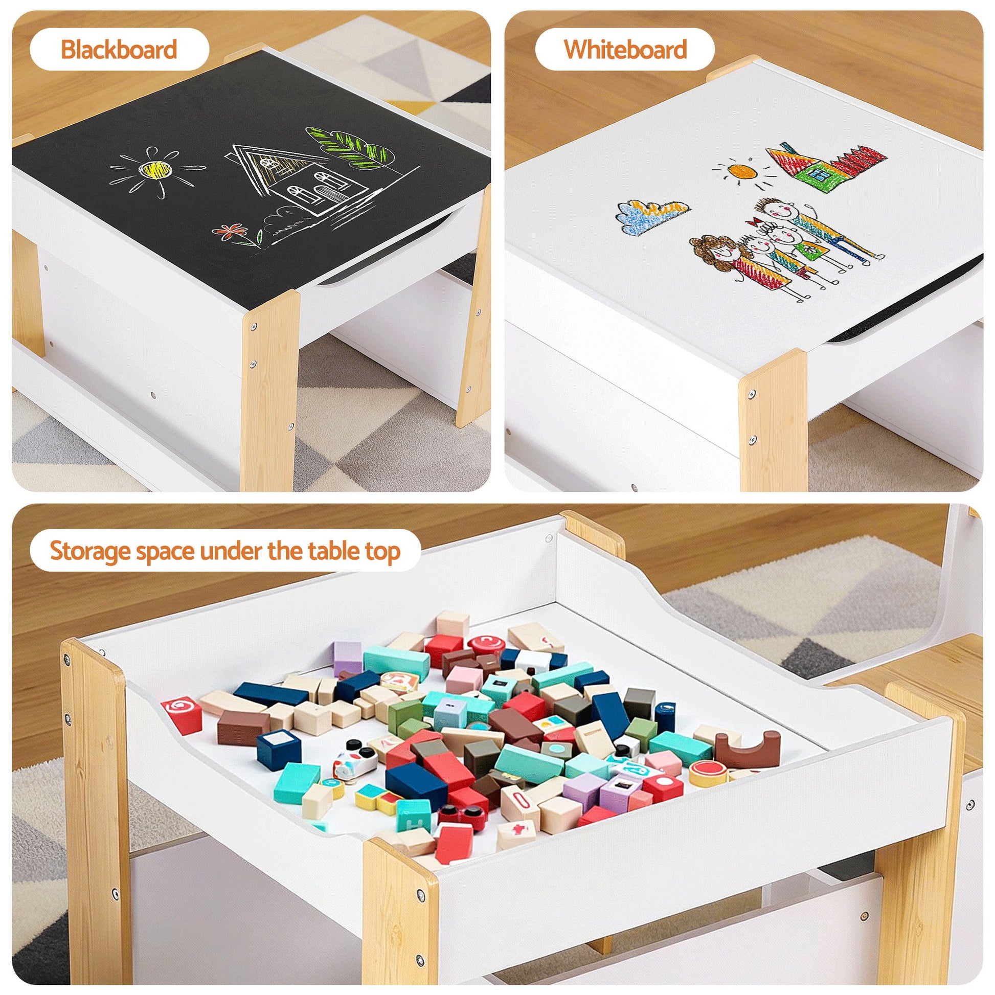 Keezi Kids Table and Chair Set, 4 in 1 Wooden Activity Table with Bookcase, Storage Box and Detachable Blackboard, Toddler Table and 2 Chairs Set, Natural - Image 6