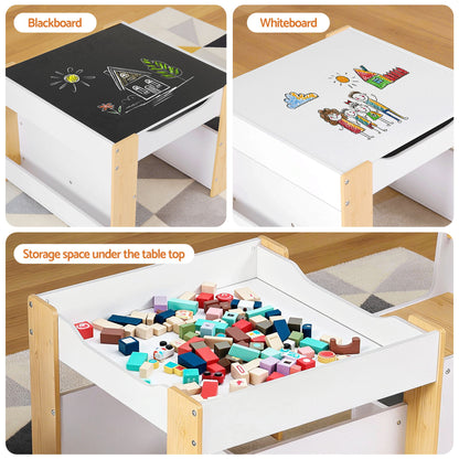 Keezi Kids Table and Chair Set, 4 in 1 Wooden Activity Table with Bookcase, Storage Box and Detachable Blackboard, Toddler Table and 2 Chairs Set, Natural - Image 6
