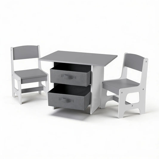 Keezi Kids Table and 2 Chairs Set Wooden Activity Table wit 2 Storage Drawers, Toddler Table and Chair Set for Children Drawing, Reading, Crafts, Eating, Grey