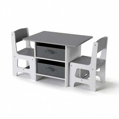 Keezi Kids Table and 2 Chairs Set Wooden Activity Table wit 2 Storage Drawers, Toddler Table and Chair Set for Children Drawing, Reading, Crafts, Eating, Grey - Image 3