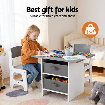 Keezi Kids Table and 2 Chairs Set Wooden Activity Table wit 2 Storage Drawers, Toddler Table and Chair Set for Children Drawing, Reading, Crafts, Eating, Grey - Image 4