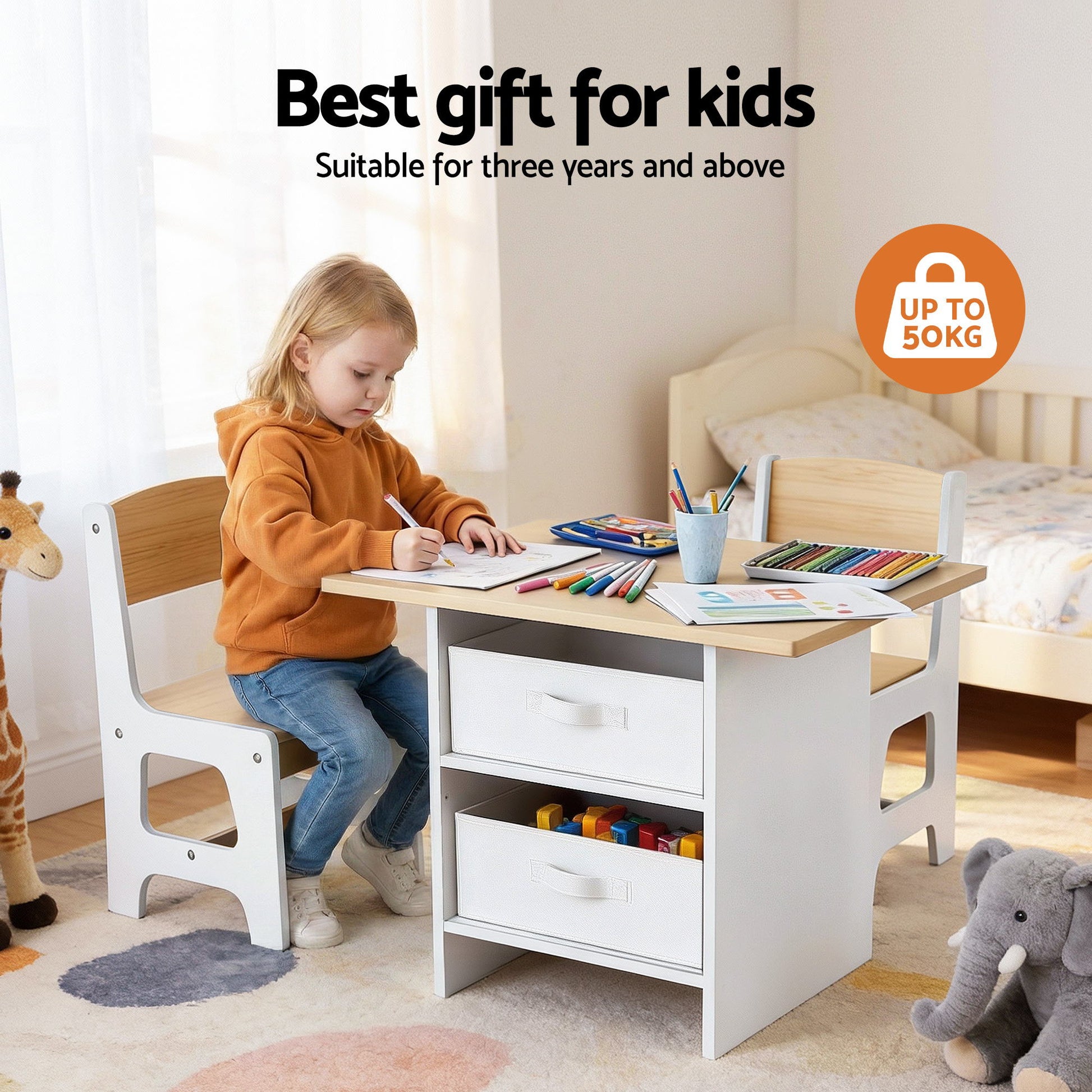 Keezi Kids Table and 2 Chairs Set Wooden Activity Table wit 2 Storage Drawers, Toddler Table and Chair Set for Children Drawing, Reading, Crafts, Eating, Natural - Image 4