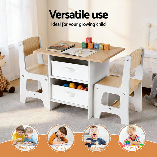 Keezi Kids Table and 2 Chairs Set Wooden Activity Table wit 2 Storage Drawers, Toddler Table and Chair Set for Children Drawing, Reading, Crafts, Eating, Natural - Image 5