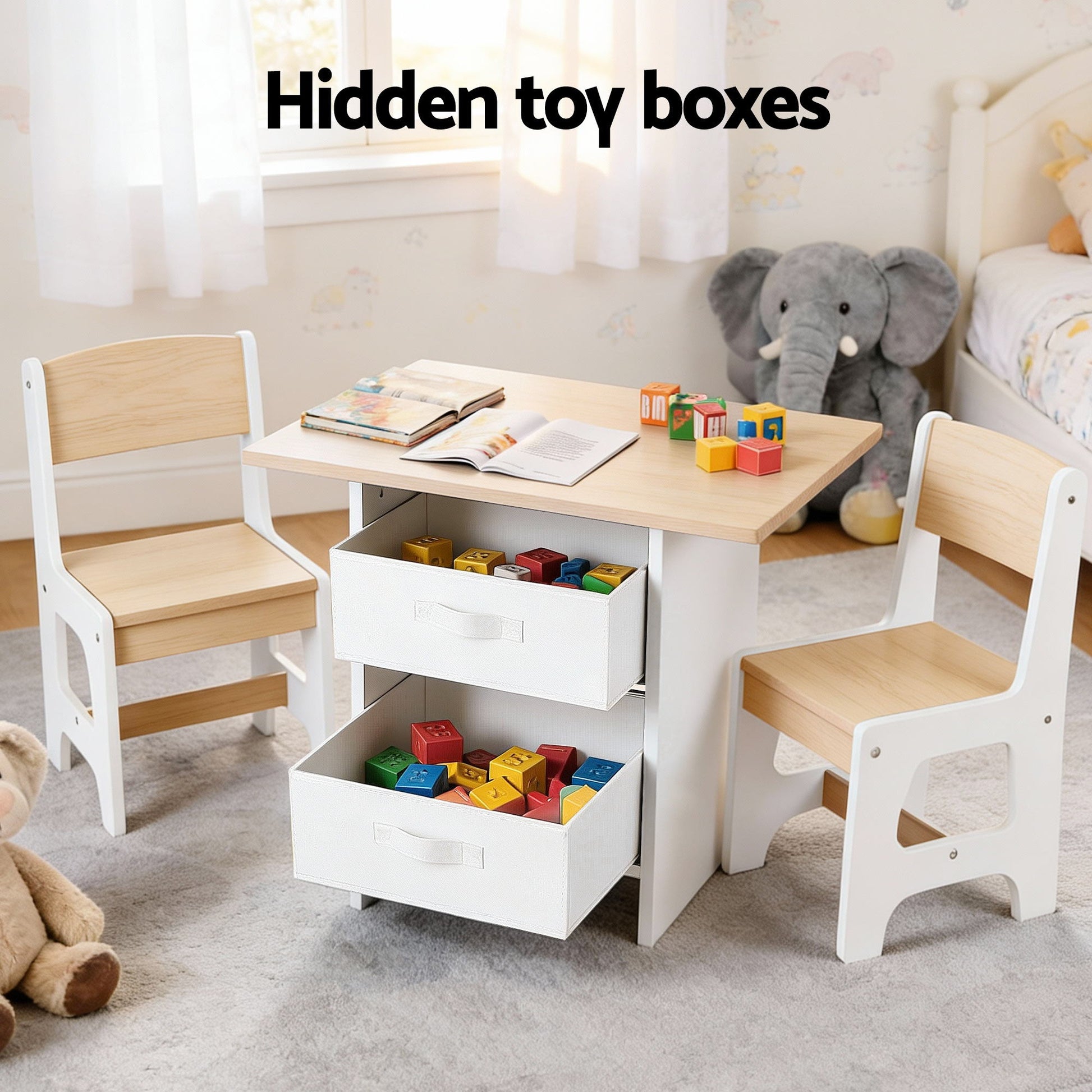 Keezi Kids Table and 2 Chairs Set Wooden Activity Table wit 2 Storage Drawers, Toddler Table and Chair Set for Children Drawing, Reading, Crafts, Eating, Natural - Image 6