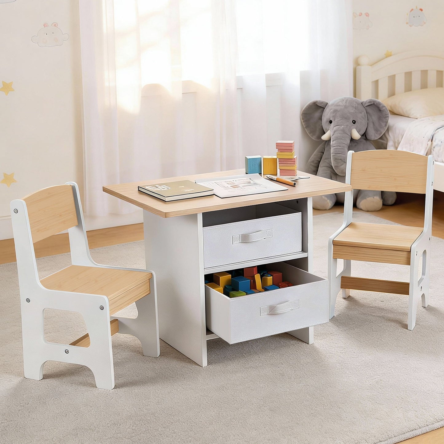 Keezi Kids Table and 2 Chairs Set Wooden Activity Table wit 2 Storage Drawers, Toddler Table and Chair Set for Children Drawing, Reading, Crafts, Eating, Natural - Image 7