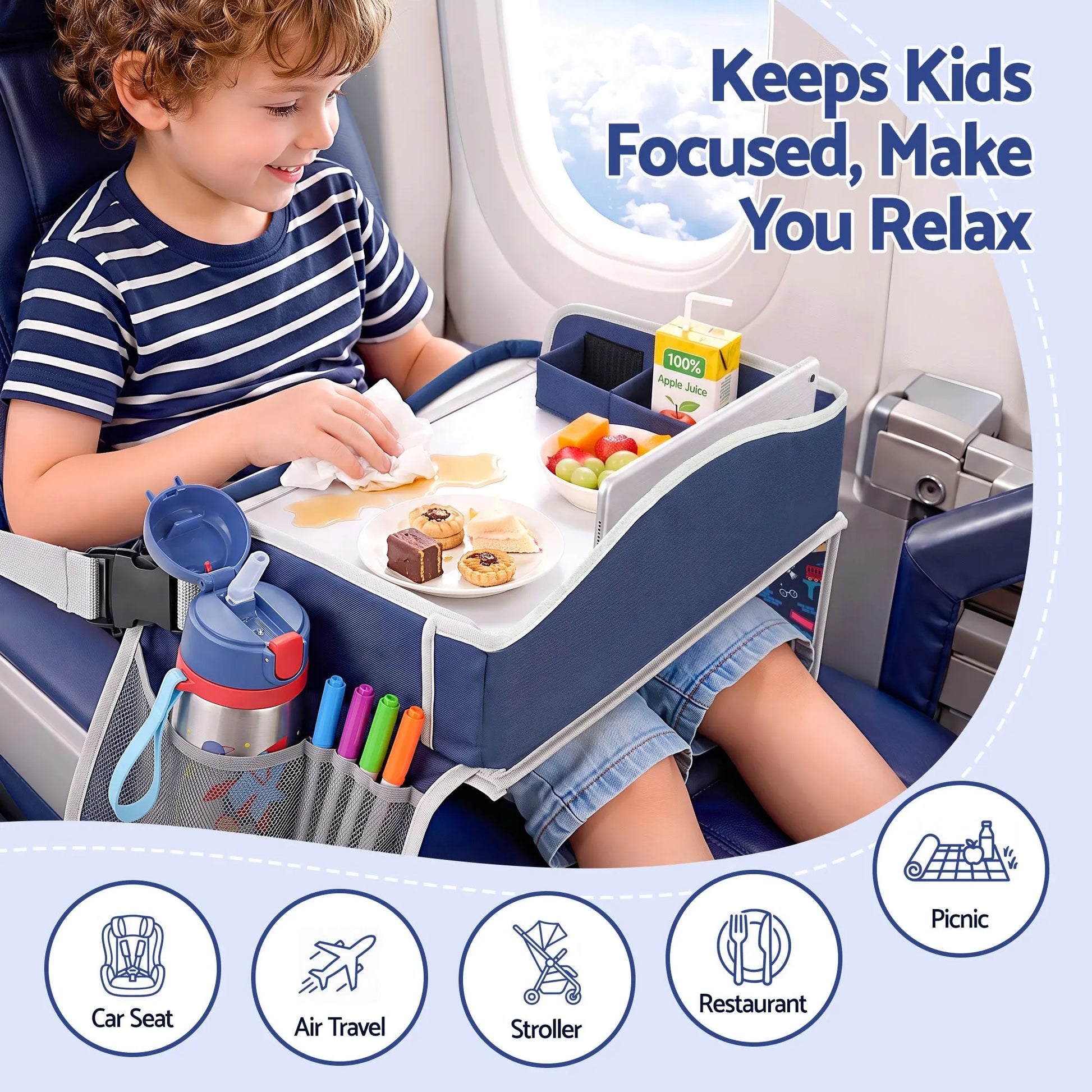 Keezi Kids Travel Tray Car Seat Lap Desk Portable Car Desk Organiser for Car & Airplane Blue - Image 5
