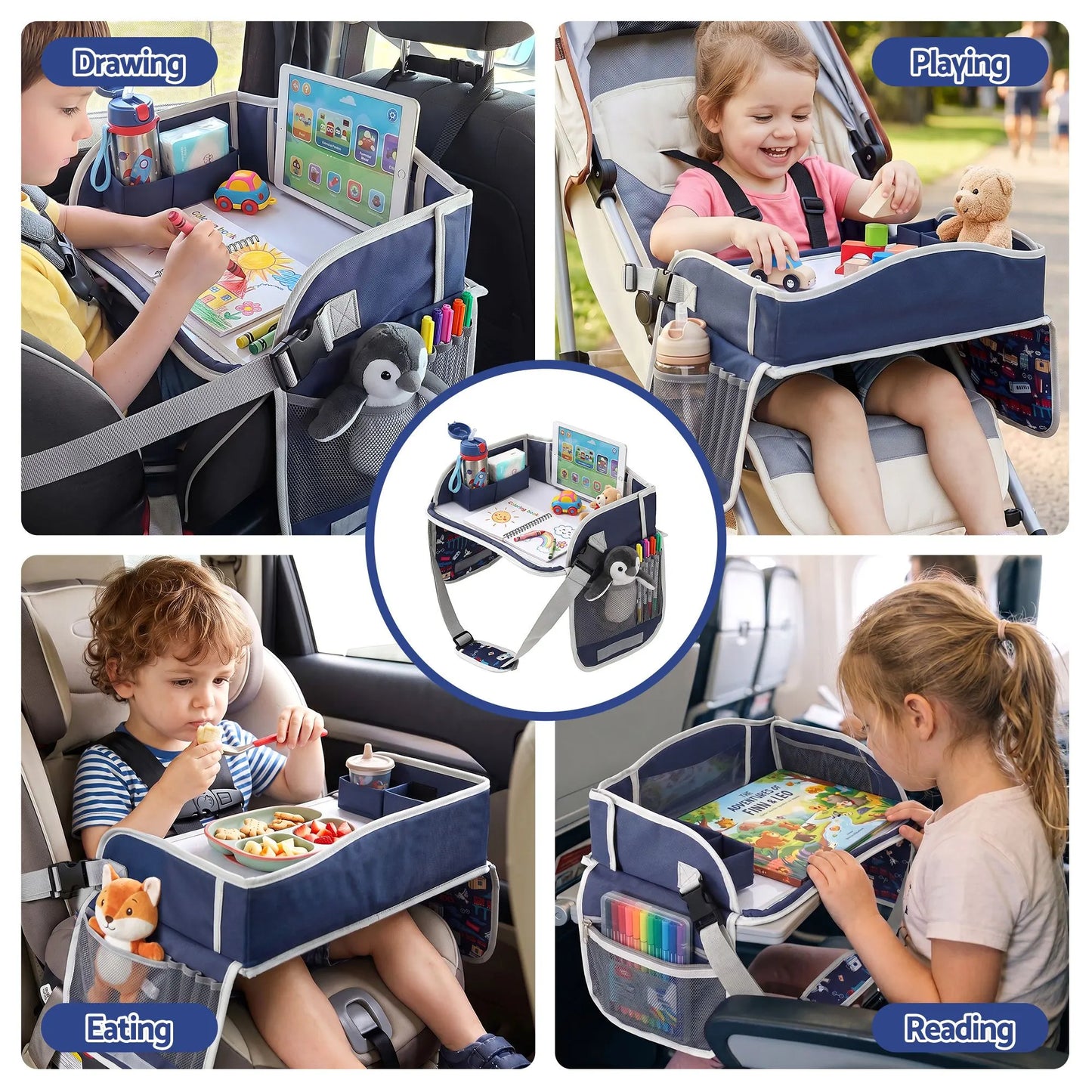 Keezi Kids Travel Tray Car Seat Lap Desk Portable Car Desk Organiser for Car & Airplane Blue - Image 6