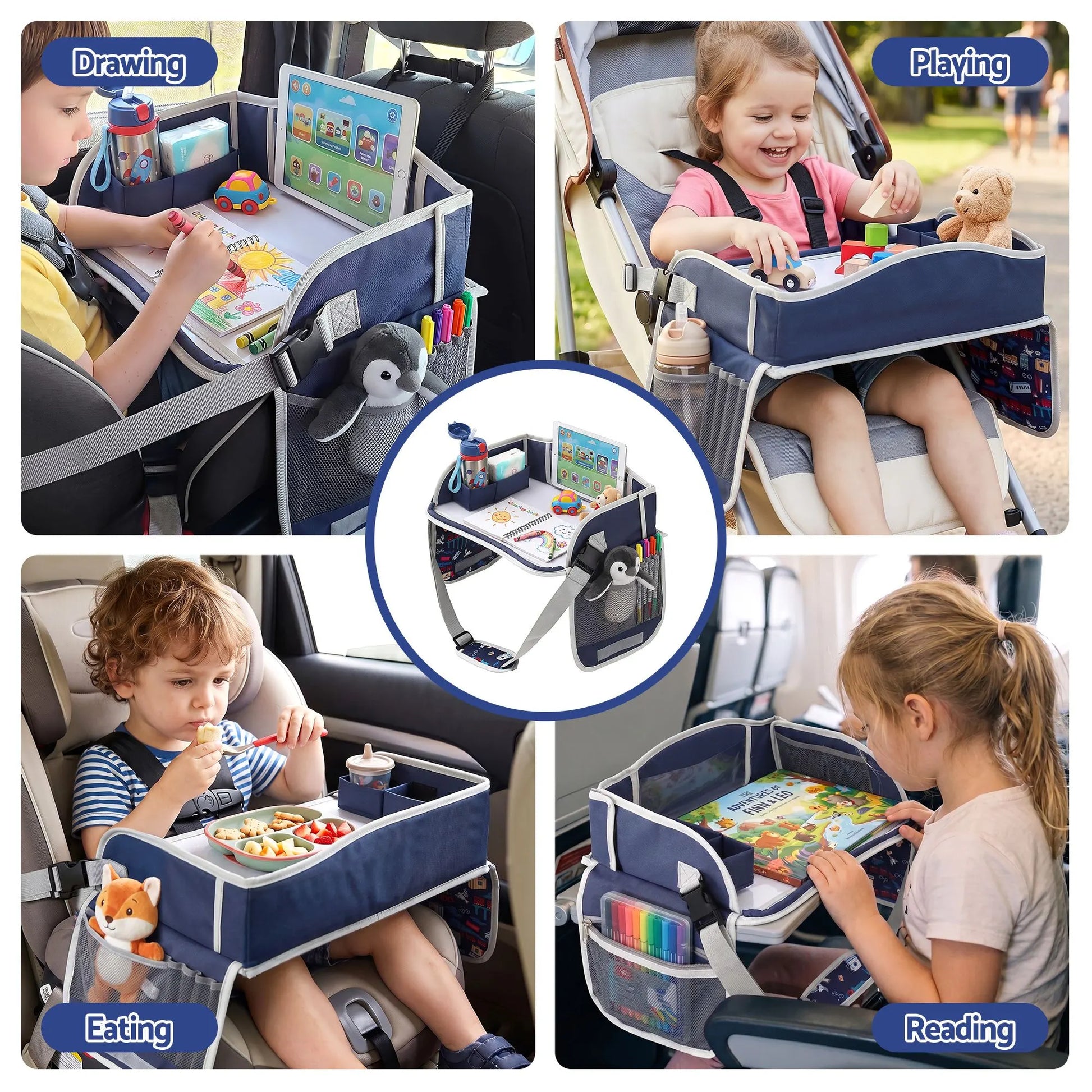 Keezi Kids Travel Tray Car Seat Lap Desk Portable Car Desk Organiser for Car & Airplane Blue - Image 6