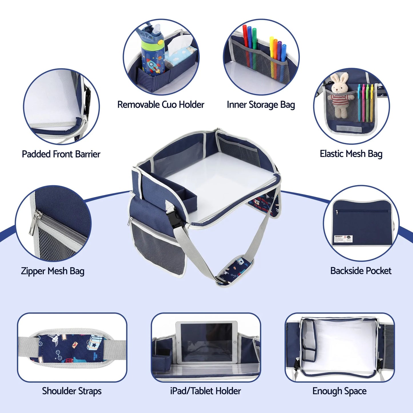Keezi Kids Travel Tray Car Seat Lap Desk Portable Car Desk Organiser for Car & Airplane Blue - Image 7