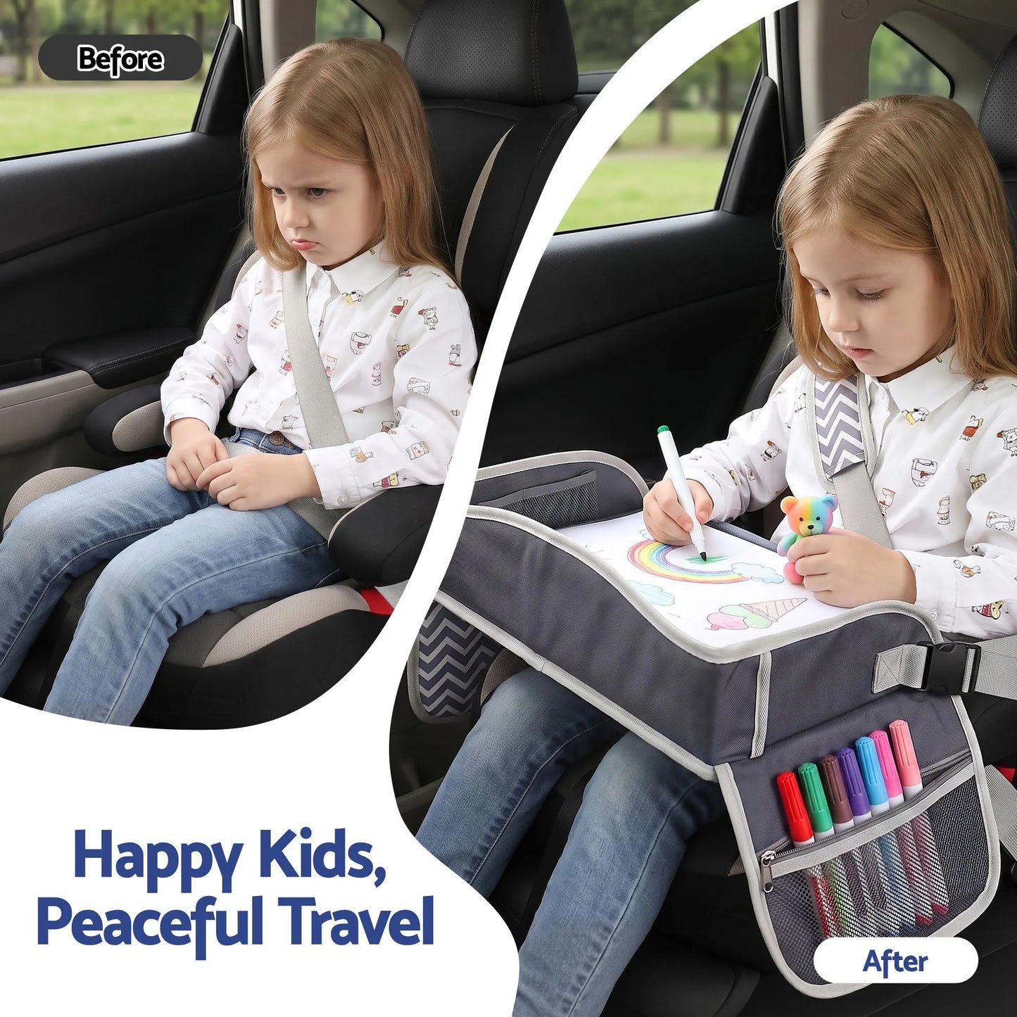 Keezi Kids Travel Tray Car Seat Lap Desk Portable Car Desk Organiser for Car & Airplane Grey - Image 4
