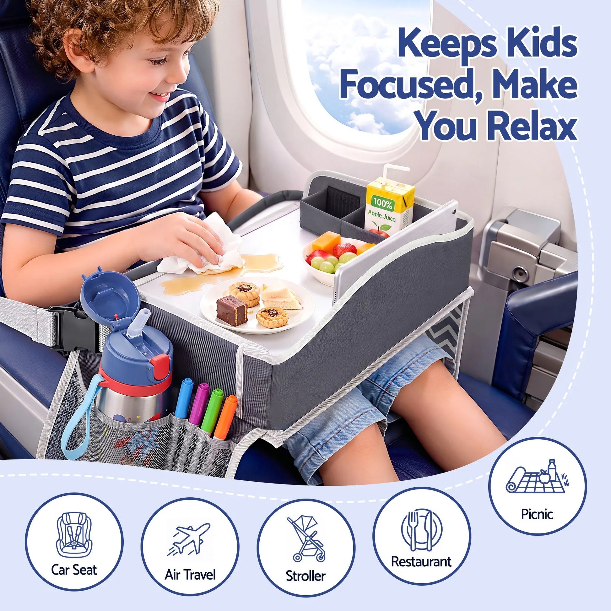 Keezi Kids Travel Tray Car Seat Lap Desk Portable Car Desk Organiser for Car & Airplane Grey - Image 5