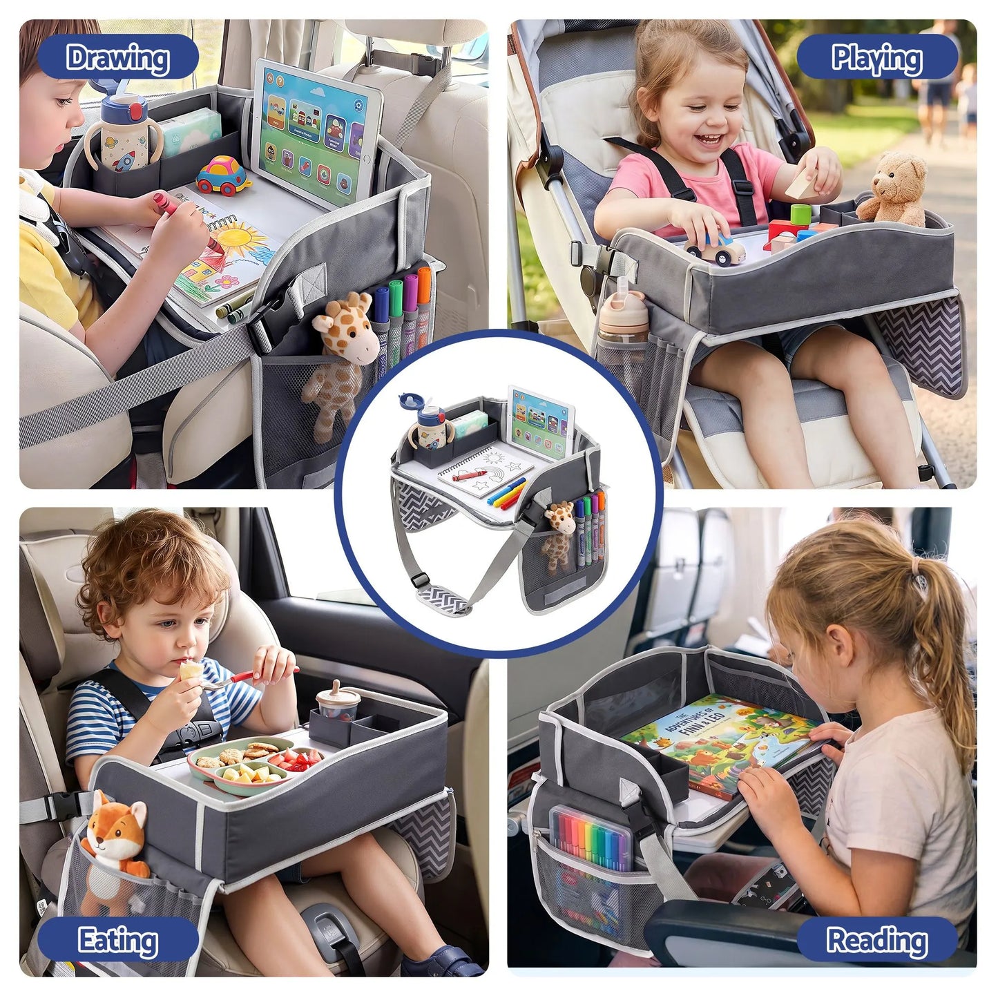 Keezi Kids Travel Tray Car Seat Lap Desk Portable Car Desk Organiser for Car & Airplane Grey - Image 6