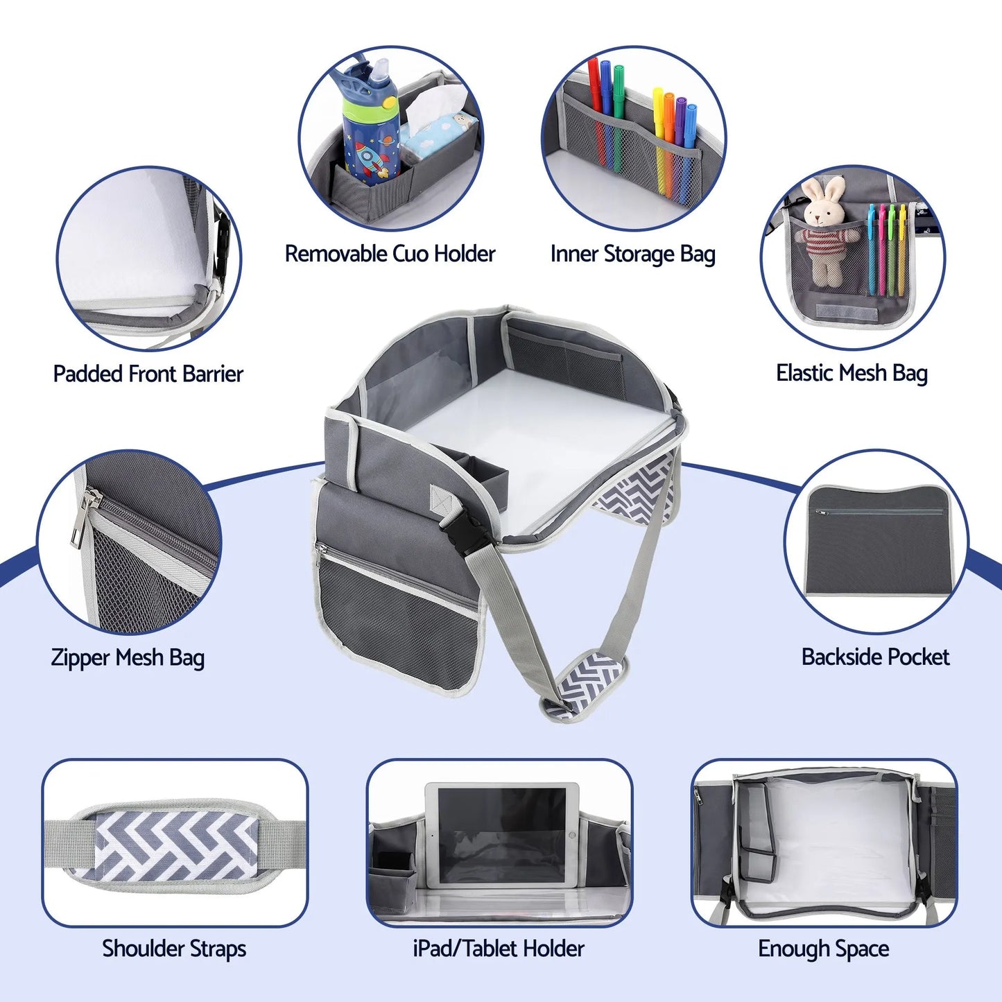 Keezi Kids Travel Tray Car Seat Lap Desk Portable Car Desk Organiser for Car & Airplane Grey - Image 7