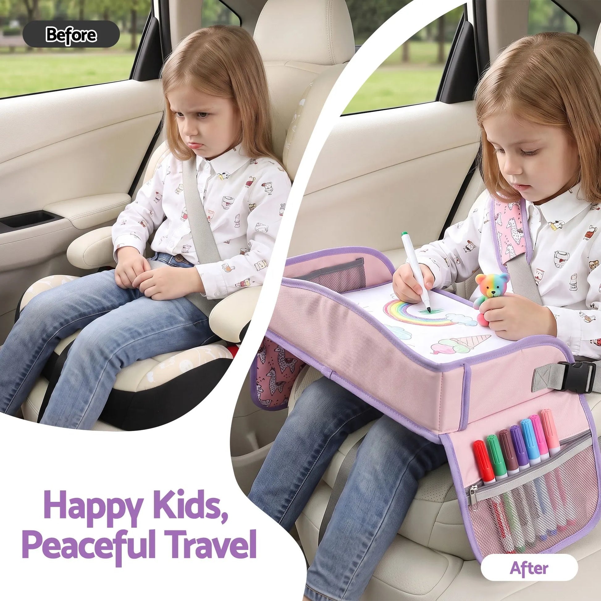 Keezi Kids Travel Tray Car Seat Lap Desk Portable Car Desk Organiser for Car & Airplane Pink - Image 4