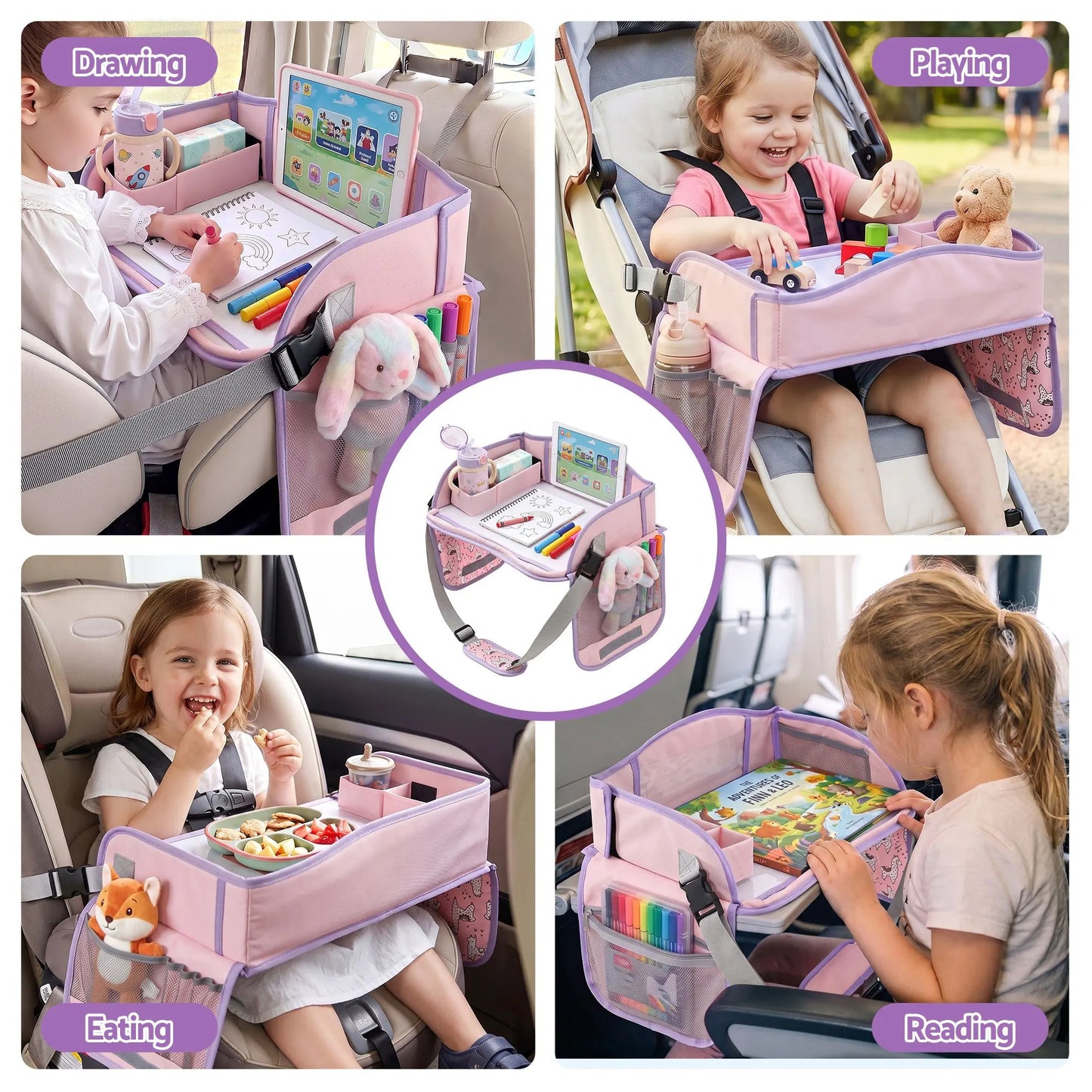 Keezi Kids Travel Tray Car Seat Lap Desk Portable Car Desk Organiser for Car & Airplane Pink - Image 6