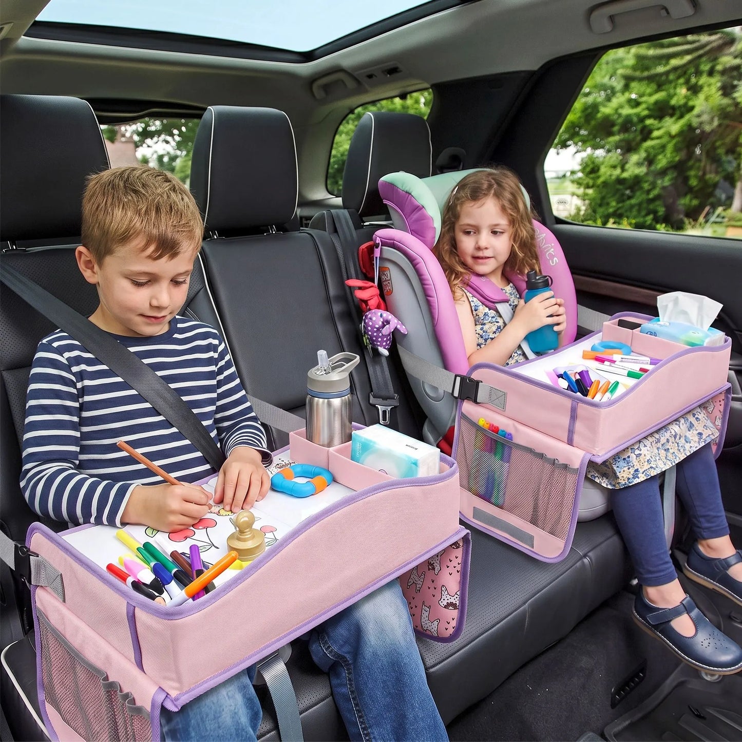 Keezi Kids Travel Tray Car Seat Lap Desk Portable Car Desk Organiser for Car & Airplane Pink - Image 9