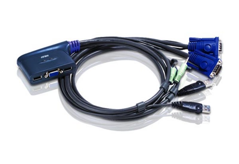 Aten Compact KVM Switch 2 Port Single Display VGA w/ audio, 0.9m Cable, Computer Selection Via Ho...