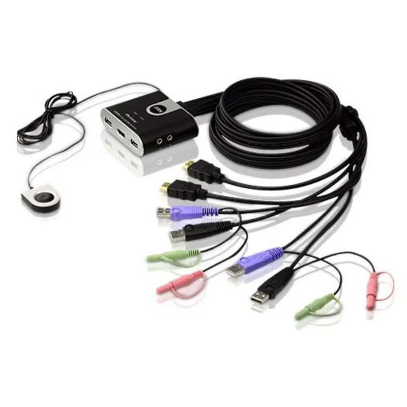 Aten Compact KVM Switch 2 Port Single Display HDMI w/ audio, 1.2m Cable, Remote Port Selector,...