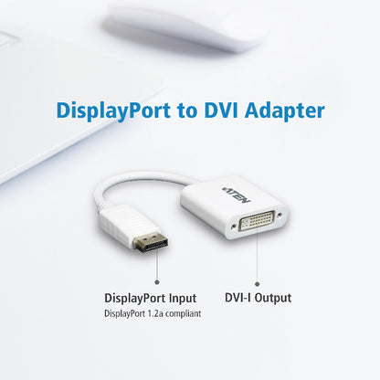 Aten DisplayPort to DVI Adapter, Converts DisplayPort signals to DVI output, DisplayPort 1.2 a co...