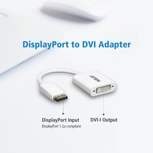 Aten DisplayPort to DVI Adapter, Converts DisplayPort signals to DVI output, DisplayPort 1.2 a co...