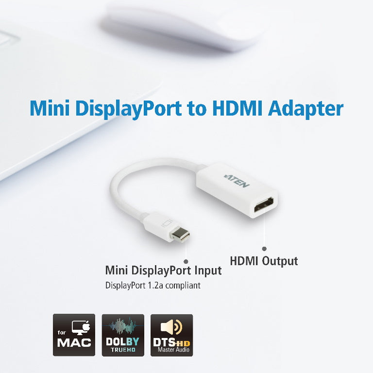 Aten Mini DisplayPort to HDMI Adapter, Supports VGA, SVGA, XGA, SXGA, UXGA and resolutions up to...