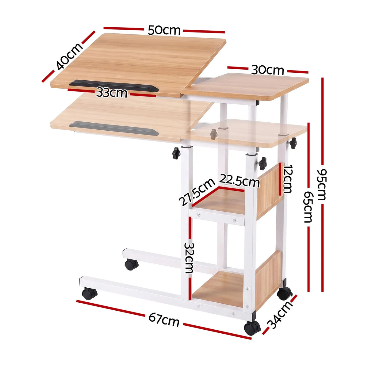 Artiss 3 Tier Adjustable Laptop Desk Tiltable Mobile Side Table Wheels Oak - Image 2